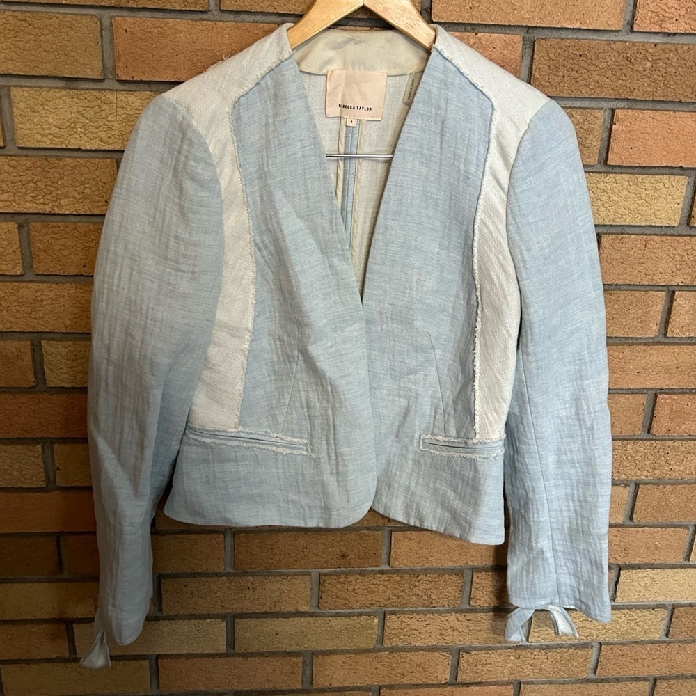 Rebecca Taylor Women Linen Blend Blazer Jacket Blue & White Tie Sleeve Size 6